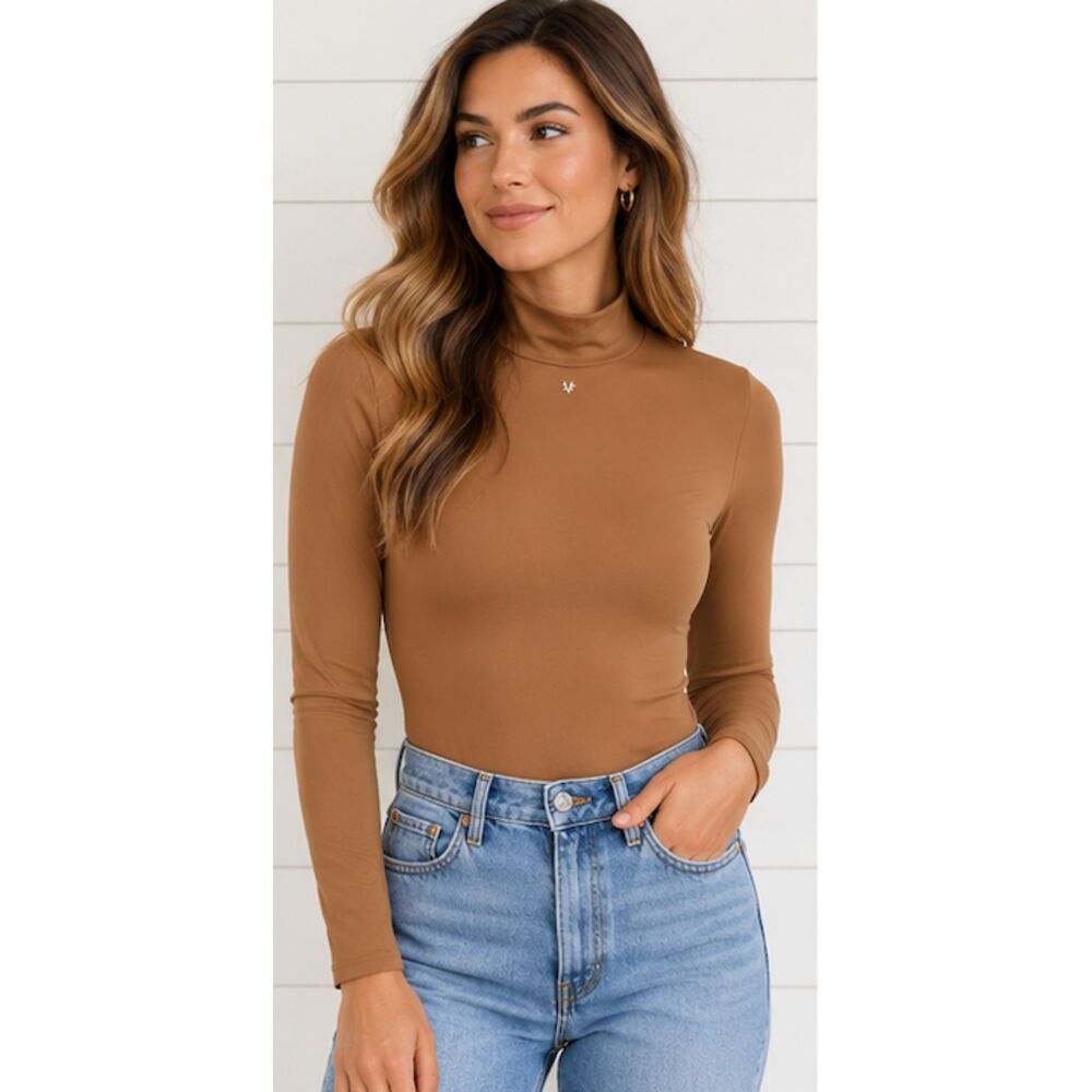 Victoria’s Secret Camel Brown Mock Neck Long Sleeve Bodysuit Large Gold
